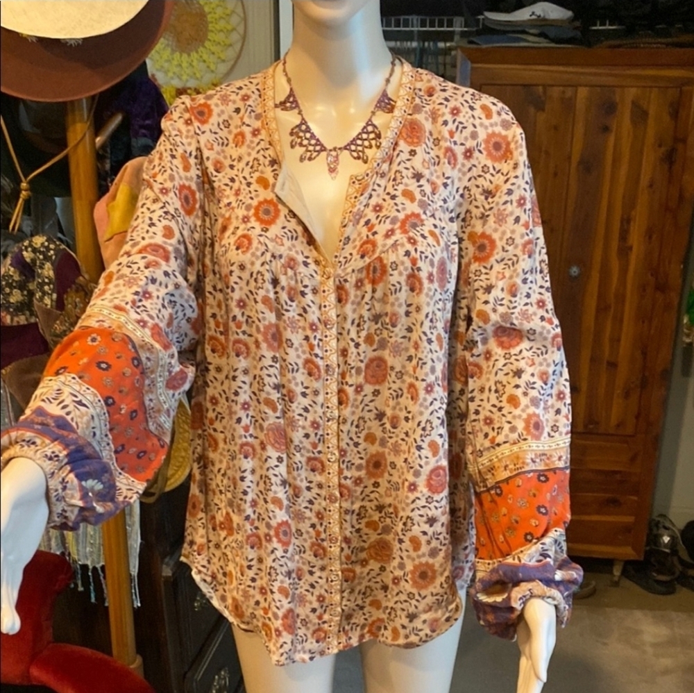 Spell Floral Peasant Blouse in Cream, Rust & Purple - Picture 5 of 6
